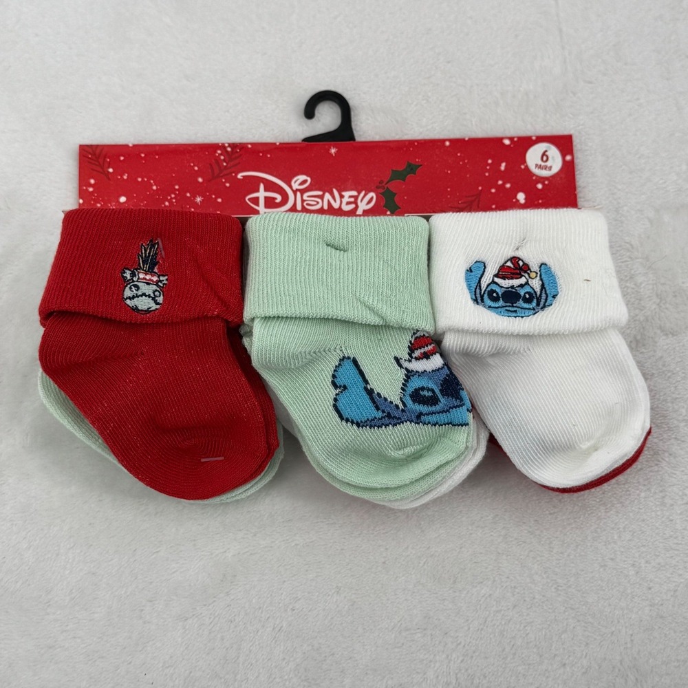 Disney Baby Stitch Christmas Socks Infant Embroidered 6 Pack Holiday Gift Set